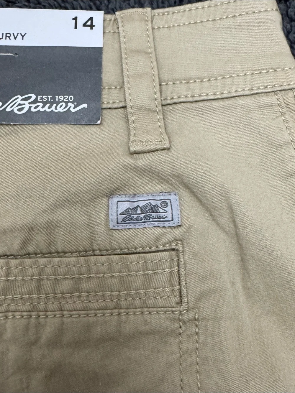 NWT Eddie Bauer Chino Shorts Women's 14 Khaki Slightly Curvy Embroidered Logo